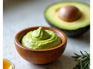 Tazón pequeño con mascarilla facial casera, ingredientes como aguacate y miel a su alrededor