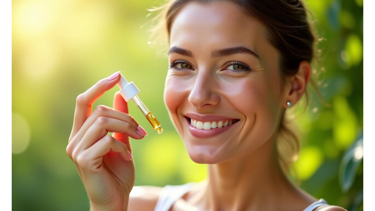 Mujer sonriente aplicando suero natural con gotero en el rostro, piel luminosa y fondo botánico difuminado