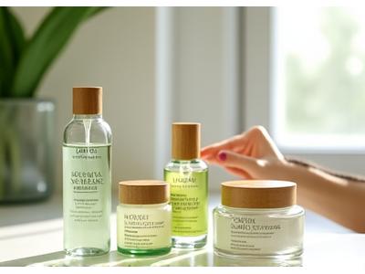 Productos de cuidado facial natural dispuestos en un tocador luminoso, con una persona difuminada en el fondo