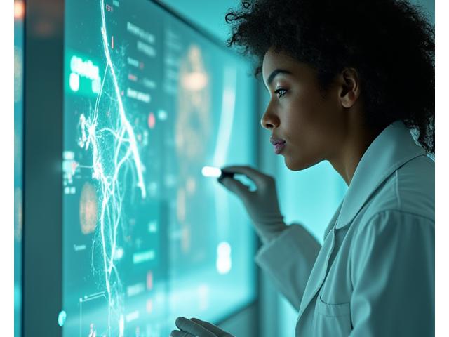 Científica examinando una muestra de piel bajo un microscopio digital, con gráficos de datos en el fondo
