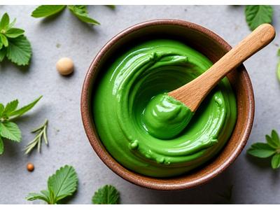 Mascarilla facial de arcilla natural en un cuenco de madera con espátula, rodeada de hojas verdes