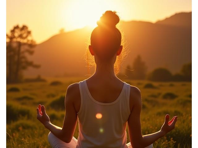 Mujer meditando en una postura de loto en un entorno natural al amanecer, con luz dorada