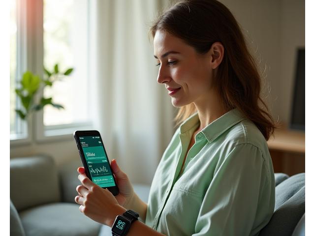 Mujer con reloj inteligente y teléfono, mostrando datos de salud en una interfaz futurista y limpia