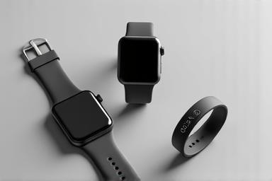 Primer plano de varios relojes inteligentes y pulseras de actividad en una superficie limpia