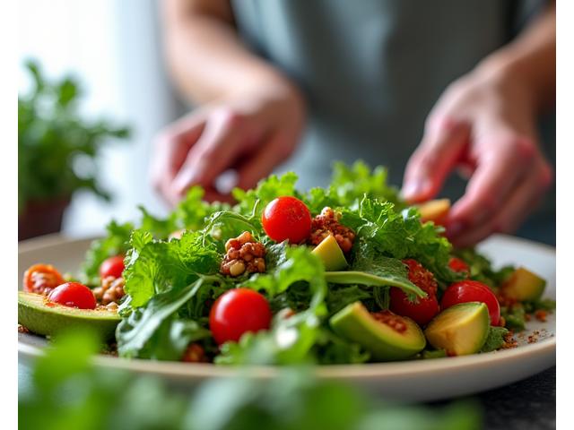Una persona preparando una ensalada vibrante con vegetales frescos