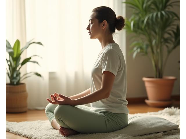 Una persona meditando en una postura serena con luz cálida y ambiente tranquilo