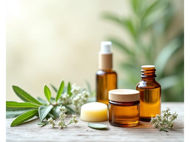 Productos de cuidado personal naturales con hojas verdes y envases sostenibles
