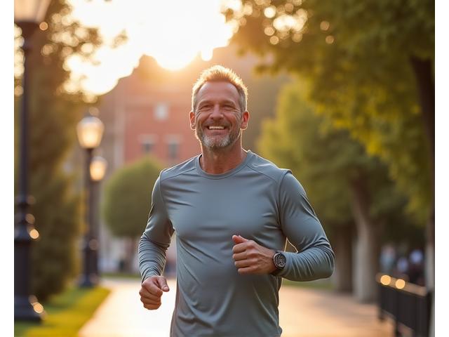 Hombre adulto riendo mientras corre por un parque con edificios al fondo