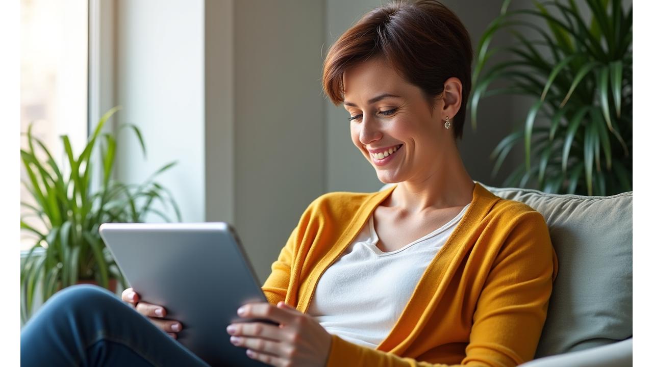 Mujer adulta sonriente leyendo en una tablet en un entorno luminoso y natural