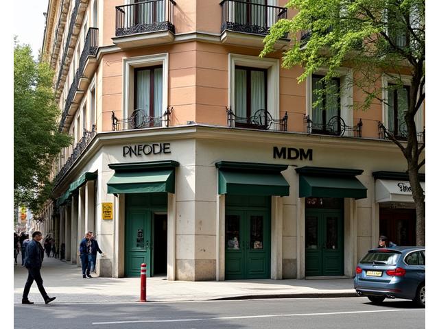Imagen de la fachada de un edificio histórico en una calle de Madrid con gente caminando, simbolizando la ubicación de LuzVital.