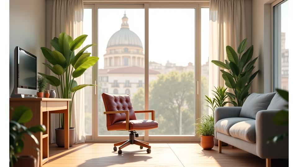 Interior minimalista y luminoso de un apartamento en Madrid con plantas, luz natural y un rincón de lectura cómodo, simbolizando un hogar optimizado para el bienestar.