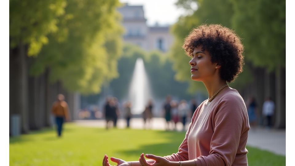 Persona meditando discretamente en un banco en el Parque del Retiro, Madrid, con un ambiente sereno pero con elementos urbanos de fondo, simbolizando mindfulness en la ciudad.