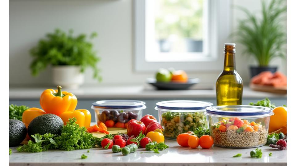 Mesa de cocina moderna en Madrid con un surtido de ingredientes frescos y comidas preparadas en recipientes, destacando la conveniencia y salubridad para profesionales ocupados.