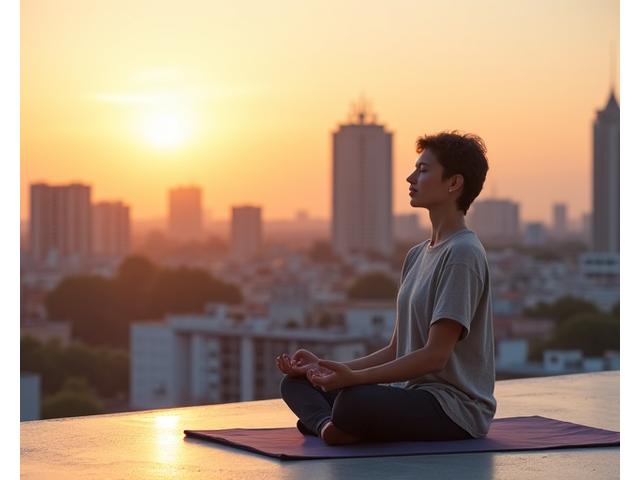 Persona meditando pacíficamente en una azotea con el skyline de Madrid al atardecer