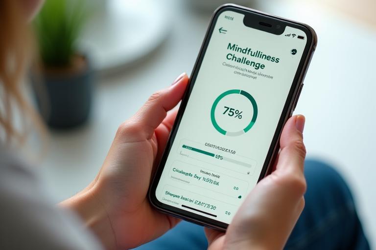 Persona usando una aplicación móvil con el progreso de un reto de mindfulness, con gráficos y notificaciones de éxito