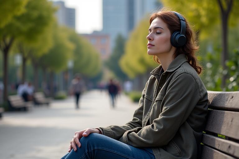 Persona con auriculares meditando en un parque urbano, con edificios de fondo y luz suave