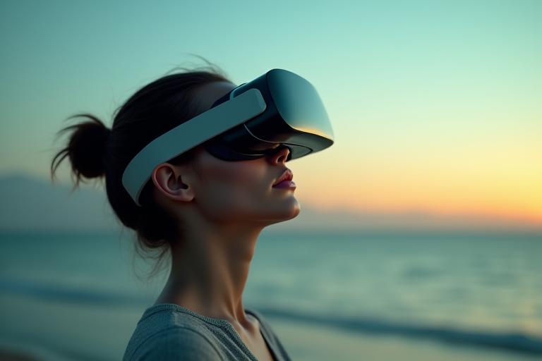 Persona con gafas de realidad virtual experimentando un entorno natural virtual, como un bosque o una playa tropical