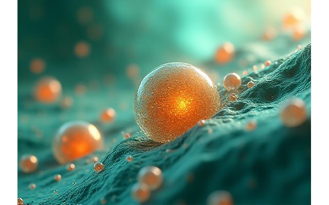 Ilustración microscópica abstracta de células vibrantes rodeadas de antioxidantes y nutrientes, con un aura de color verde.