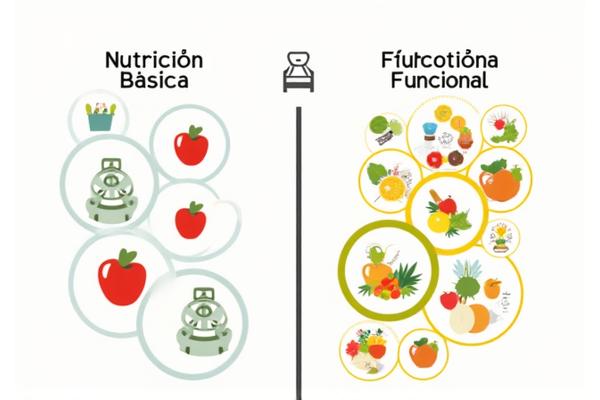 Infografía simplificada que compara 'Nutrición Básica' con 'Nutrición Funcional', mostrando iconos de alimentos y células.