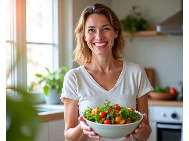 Mujer de 40 años feliz y enérgica preparando una ensalada vibrante con vegetales frescos y coloridos.