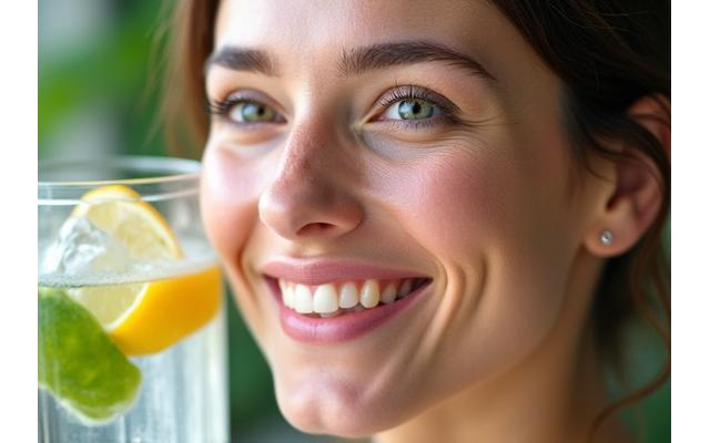 Un rostro joven y radiante con piel sana, al lado de un vaso de agua fresca y rodajas de cítricos, enfatizando la hidratación.