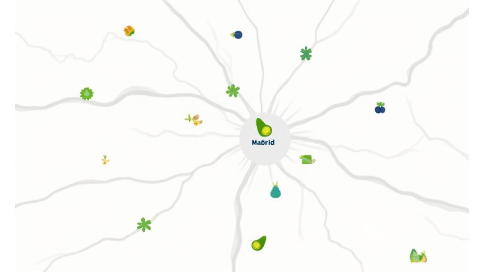 Mapa conceptual con marcadores de iconos de alimentos en un estilizado mapa de Madrid, destacando mercados y tiendas especializadas.