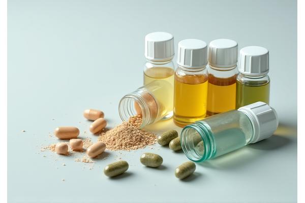Variedad de cápsulas de suplementos y botellas pequeñas sobre una superficie limpia, dispuestas de forma organizada.