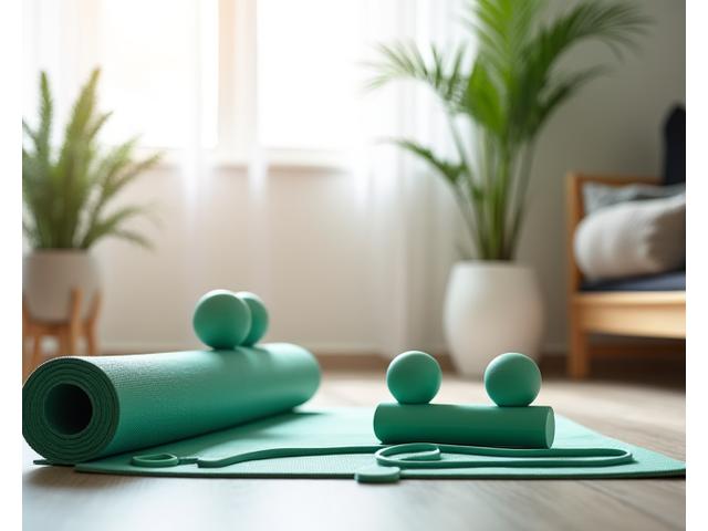 Equipos de fitness en un entorno casero: banda de resistencia, mancuernas, colchoneta de yoga.