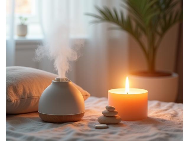 Aromaterapia, velas, incienso y un cuenco tibetano, evocando calma y meditación.