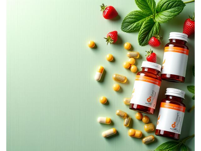 Vitaminas coloridas y frascos de suplementos apilados, con un fondo verde suave.