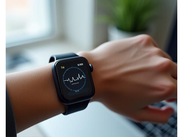 Primer plano de un smartwatch en la muñeca, mostrando una pantalla de monitoreo de actividad.