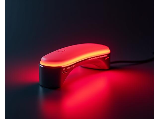 Dispositivo de luz roja para terapia facial en casa, con un brillo suave y futurista.