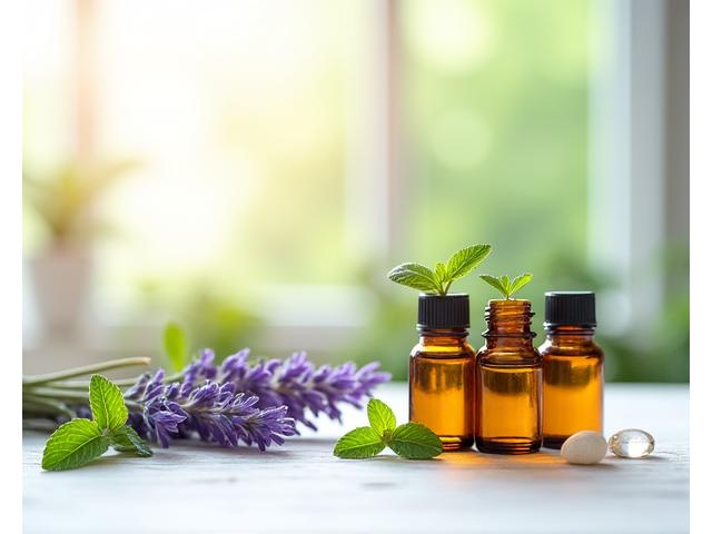 Aceite esencial de lavanda con flores de lavanda frescas, evocando calma y aromaterapia.