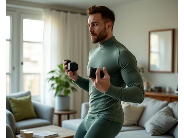 Profesional de negocios con ropa deportiva haciendo ejercicio en su casa, simbolizando eficiencia y cuidado personal.