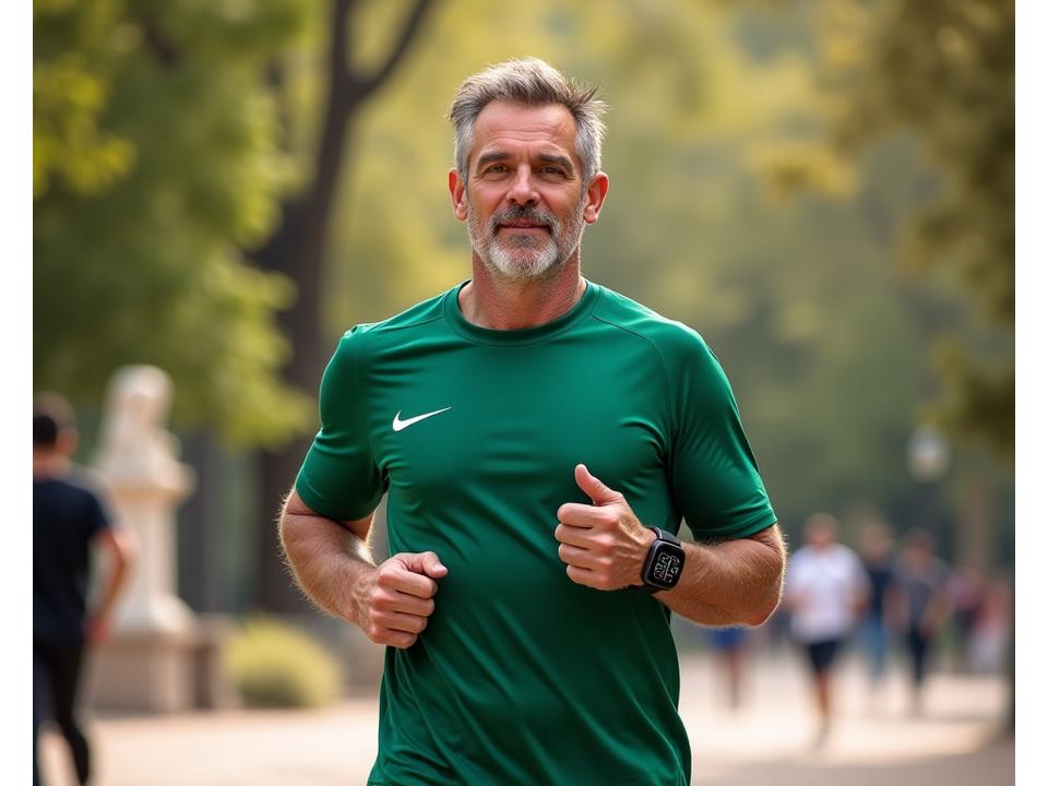 Hombre de mediana edad usando un wearable mientras corre por el Parque del Retiro en Madrid, simbolizando ejercicio adaptado y vida urbana.