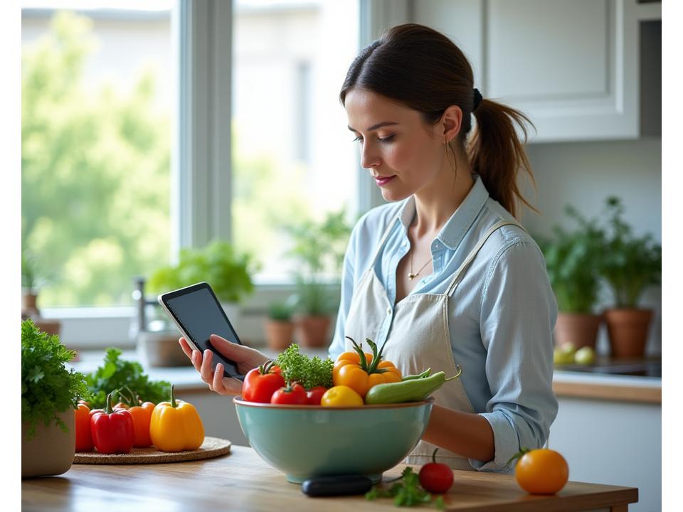 Mujer sonriente de 40 años preparando una comida saludable y colorida en una cocina moderna, con énfasis en ingredientes frescos.