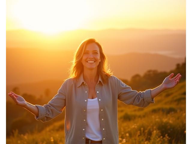 Persona sonriente de 30s celebrando un logro personal en un lugar soleado, simbolizando un cambio de vida profundo.
